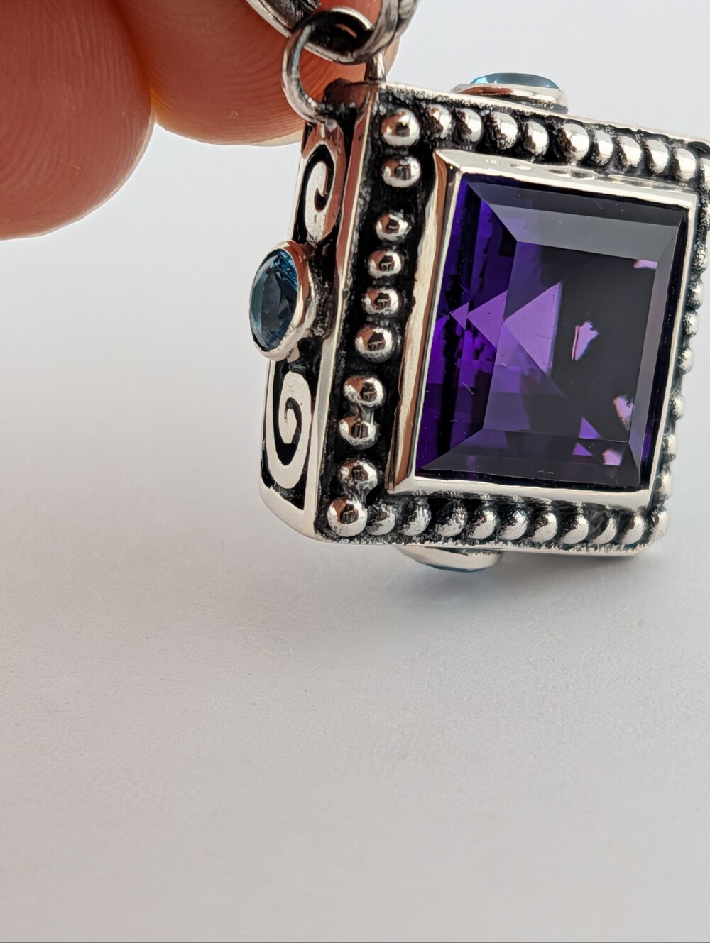 8 Carat Princess Cut Amethyst And Blue Topaz Sterling Silver Pendant Handcrafted - Picture 4 of 9
